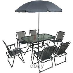 8PC Garden Patio Furniture Set Outdoor Grey Rectangular Table Chairs & Parasol