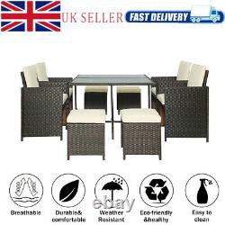 9 Pcs Outdoor Rattan Garden Patio Furniture Set Table Chair Stools & Cushions