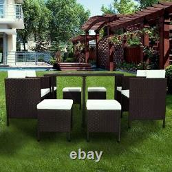 9 Pcs Outdoor Rattan Garden Patio Furniture Set Table Chair Stools & Cushions