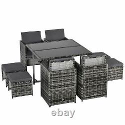 9PC Rattan Garden Furniture Outdoor Patio Dining Table Set with 8 Stools Grey
