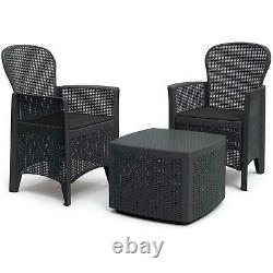 Black Bistro Table 2 Chairs Set Patio Armchairs Outdoors Rattan Garden Furniture