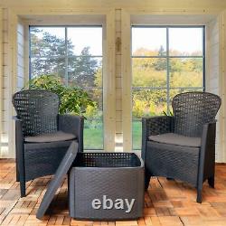 Black Bistro Table 2 Chairs Set Patio Armchairs Outdoors Rattan Garden Furniture