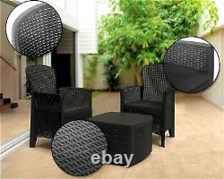 Black Bistro Table 2 Chairs Set Patio Armchairs Outdoors Rattan Garden Furniture