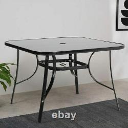 Black Garden Patio Table Glass Metal Frame Dining Bistro Table with Parasol Hole