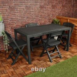 Black Plastic Rattan Table & 4 Folding Chairs Outdoor Patio Garden Furniture