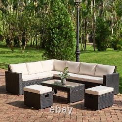 Black Rattan Garden Corner Furniture Set Outdoor 8 Seater Sofa Table Stool Patio