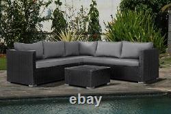 Black Rattan Garden Furniture Corner Sofa Set with Grey Cushions Patio Outdoor