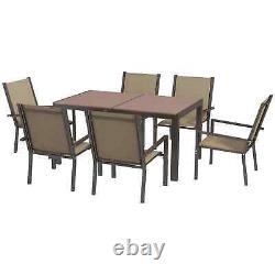 Brown Dining Furniture Set Garden Patio 6 Person Chair Tea Table Mesh Back Seat