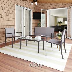 Brown Garden Furniture Set, 4 Piece Patio Furniture Glass Coffee Table 2 Textile