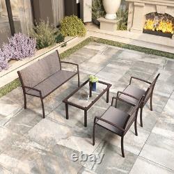 Brown Garden Furniture Set, 4 Piece Patio Furniture Glass Coffee Table 2 Textile