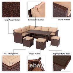 Brown Rattan Corner Sofa Garden Patio Furniture Set Dining Table Stool 9-Seaters