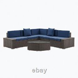 Corner Rattan Garden Furniture Set Sofa Outdoor Patio L-Shape with Blue Cushion