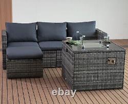 Corner Rattan Garden Furniture Set with Fire Pit Table 4 Seater Outdoor Patio