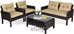 Costway 4 Piece PE Rattan Patio Garden Furniture Set Sofa & Table Outdoor, Brown