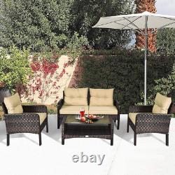 Costway 4 Piece PE Rattan Patio Garden Furniture Set Sofa & Table Outdoor, Brown