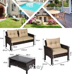 Costway 4 Piece PE Rattan Patio Garden Furniture Set Sofa & Table Outdoor, Brown