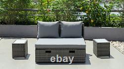 Daybed Lounge Set, Grey Garden Furniture Patio Outdoor Sofa Glass Side Tables