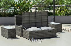 Daybed Lounge Set, Grey Garden Furniture Patio Outdoor Sofa Glass Side Tables