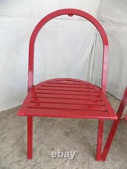 Four, red, folding, round back, metal, chairs, outside, garden, conservatory, patio, chair