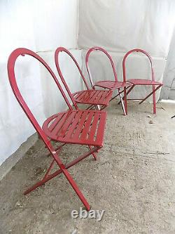 Four, red, folding, round back, metal, chairs, outside, garden, conservatory, patio, chair