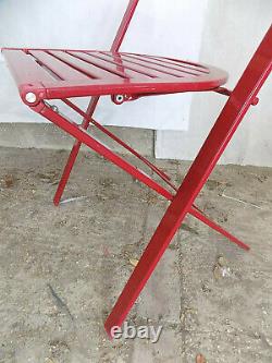 Four, red, folding, round back, metal, chairs, outside, garden, conservatory, patio, chair