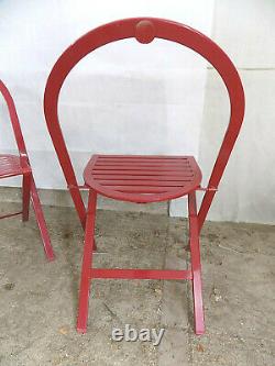 Four, red, folding, round back, metal, chairs, outside, garden, conservatory, patio, chair