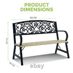 Garden Bench 3 Seater Patio Outdoor Metal Wood Picnic Chair Seating Furniture