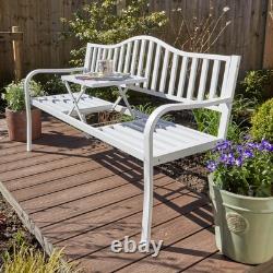 Garden Bench Loveseat White Centre Drinks Table Armrest Outdoor Patio Furniture