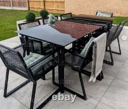 Garden Dining Set Large Patio Furniture Lounge Glass Table PVC Rattan Arm Chairs