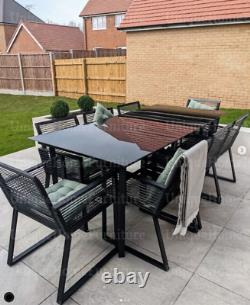 Garden Dining Set Large Patio Furniture Lounge Glass Table PVC Rattan Arm Chairs
