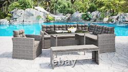 Garden Furniture Dining Set L-Shape Corner Outdoor Patio Set Grey with Bench