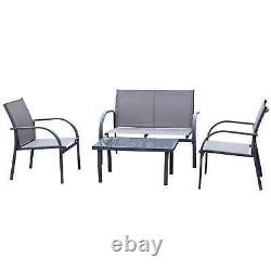 Garden Furniture Set 4 Person Patio Bench Chair Lounge Mesh Seat Tea Table Grey