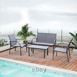 Garden Furniture Set 4 Person Patio Bench Chair Lounge Mesh Seat Tea Table Grey