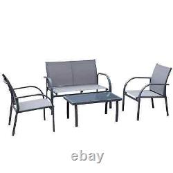 Garden Furniture Set 4 Person Patio Bench Chair Lounge Mesh Seat Tea Table Grey