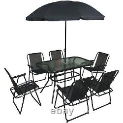 Garden Furniture Set Patio Outdoor Black Rectangular Table Chairs & Parasol 8PC