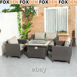 Garden Rattan Sofa Furniture Set Patio Outdoor Gas Fire Pit Table Cushions Brown