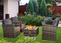 Garden Rattan Sofa Set Fire Pit Table 2 Armchairs Furniture Patio Wicker Outdoor