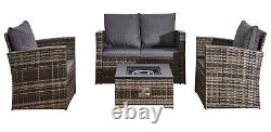 Garden Rattan Sofa Set Fire Pit Table 2 Armchairs Furniture Patio Wicker Outdoor