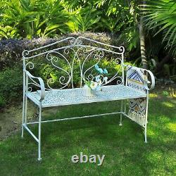 GlamHaus Metal Garden Bench Patio Seat Furniture Antique White Foldable Outdoor
