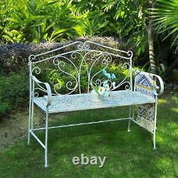 GlamHaus Metal Garden Bench Patio Seat Furniture Antique White Foldable Outdoor