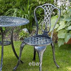 Grey Bistro Set Outdoor Patio Garden Furniture Table and 2 Chairs Metal Frame