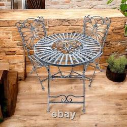 Grey Metal Garden Bistro Set Patio Furniture Outdoor 3 Piece Table Chair