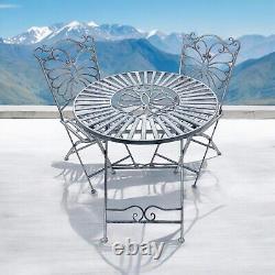 Grey Metal Garden Bistro Set Patio Furniture Outdoor 3 Piece Table Chair