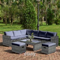 Grey Rattan Garden Corner Furniture Set Outdoor 8 Seater Sofa Table Stool Patio