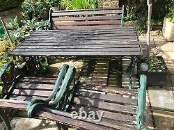 Heavy Cast Iron Garden Furniture Set BBQ Patio Wooden Bench Table 2 Chairs