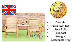 Homme WOODEN GARDEN FURNITURE PATIO TWIN SET 2 CHAIRS + REMOVABLE TRAY JACK + JI