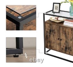 Industrial Side Cabinet Vintage Glass Sideboard Rustic Metal Hall Console Table