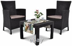 Keter Garden Furniture Set 2 Chairs + Table with Cushions Brown Patio Balcony UK