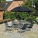 Kingfisher 8 Piece Garden Furniture Patio Set 6 Chairs Rectangle Table & Parasol