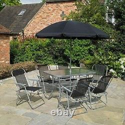 Kingfisher 8 Piece Garden Furniture Patio Set 6 Chairs Rectangle Table & Parasol